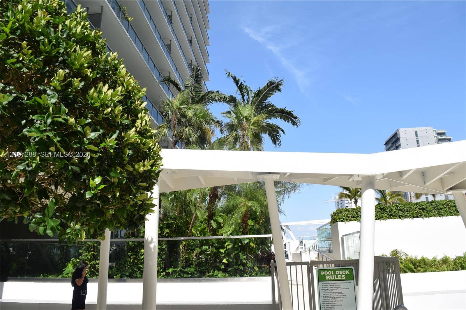 Pool deck featuring a white structural pergola, glass panel perimeter railing, and mature palm tree landscaping