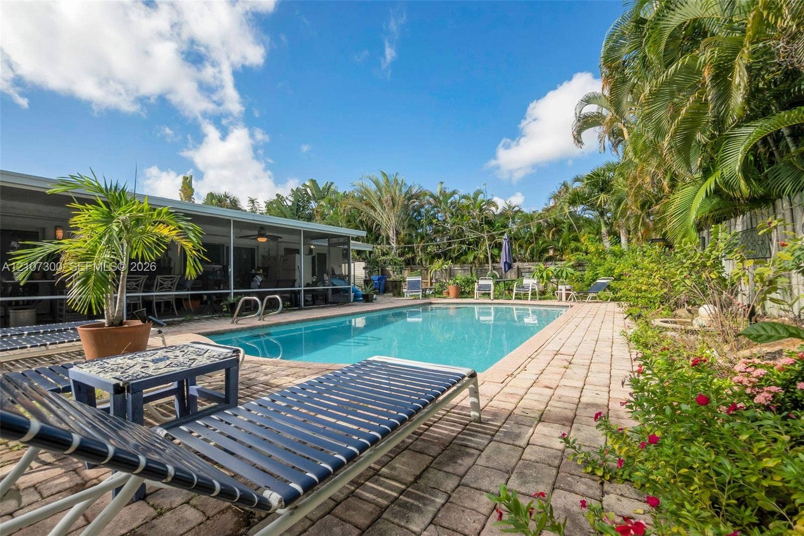 2051 NE 68th Street, Fort Lauderdale, FL 33308 Outdoor area featuring a rectangular in-ground swimming pool, expansive paver patio, and perimeter privacy fencing surrounded by mature palm trees