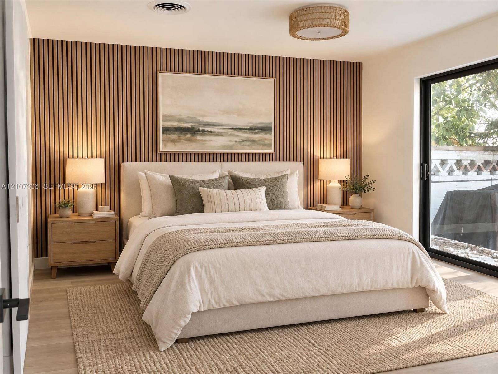 4322 Alton Road, Miami Beach, FL 33140 Vertical wood-slat accent wall, sliding glass door, and woven drum ceiling fixture