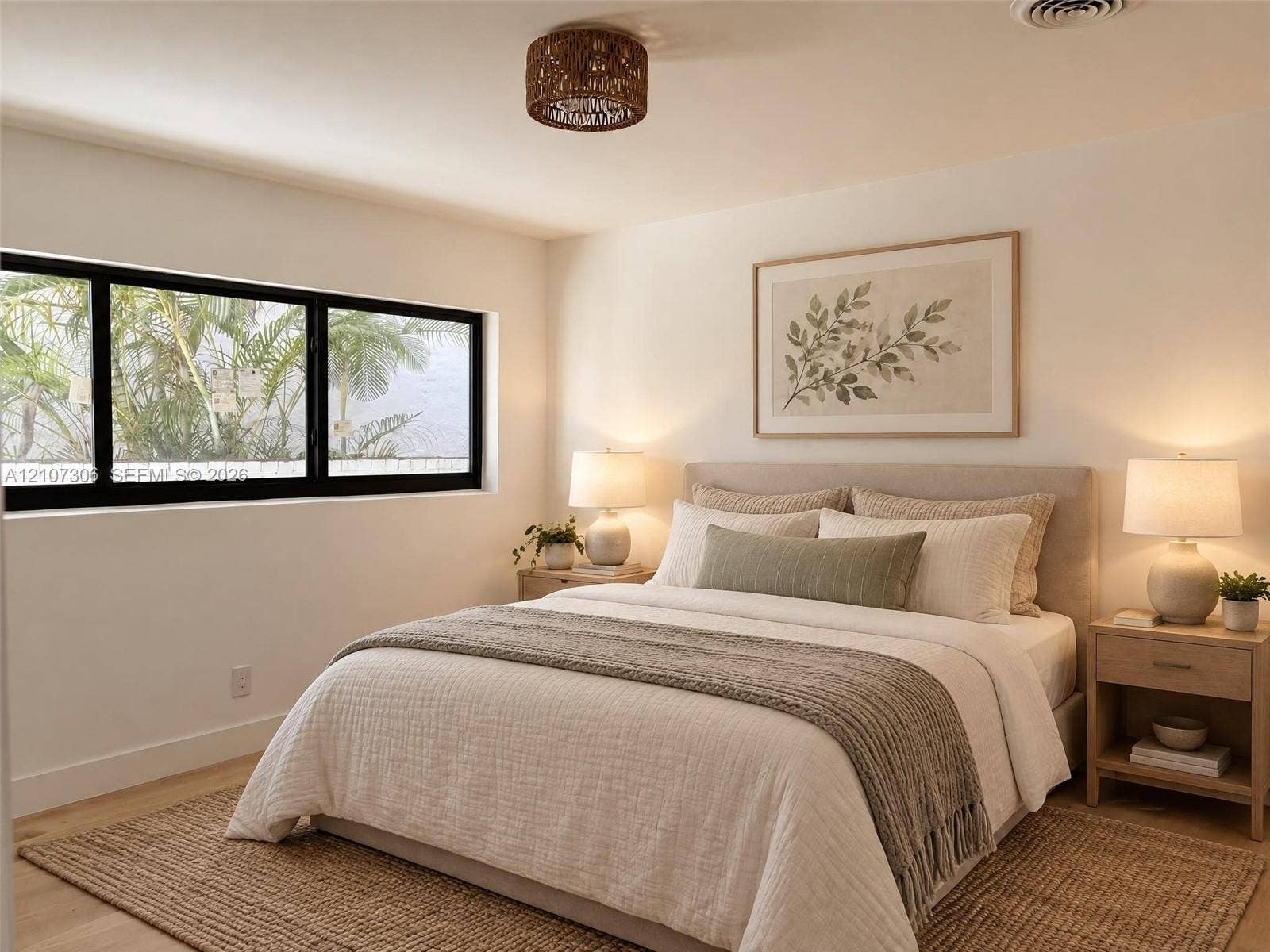 4322 Alton Road, Miami Beach, FL 33140 Neutral interior featuring wood-finish flooring, a black-framed window, and a woven flush-mount ceiling fixture