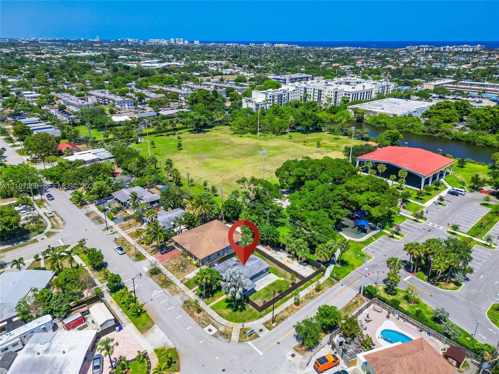 4500 NE 18th Avenue, Pompano Beach, Pompano Beach, FL 33064 Aerial view showing the propertys location and proximity to nearby green space.
