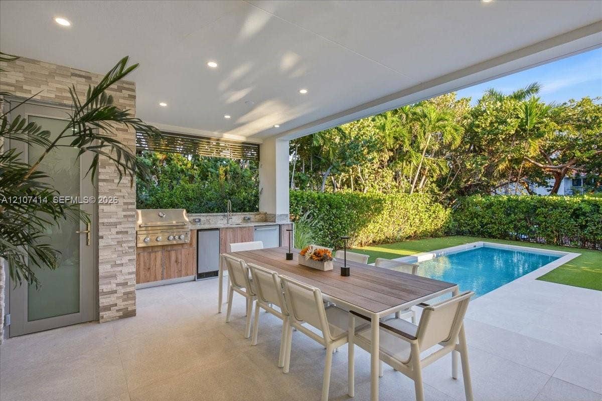 Covered outdoor kitchen featuring stainless steel grill, stone-tile backsplash, and wood-finish cabinetry, complemented by a rectangular pool and light-toned patio flooring