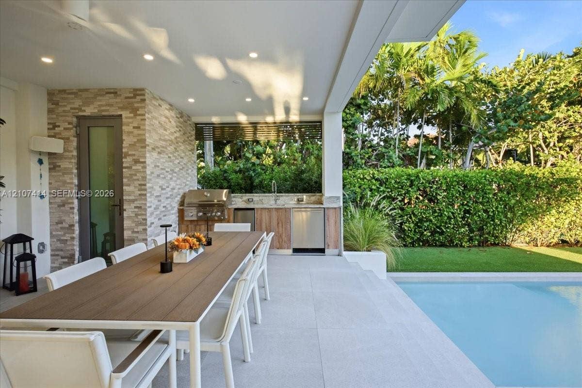 Covered patio featuring an outdoor kitchen with stainless steel appliances, stone-textured wall finish, recessed ceiling lighting, and tile flooring bordering a pool