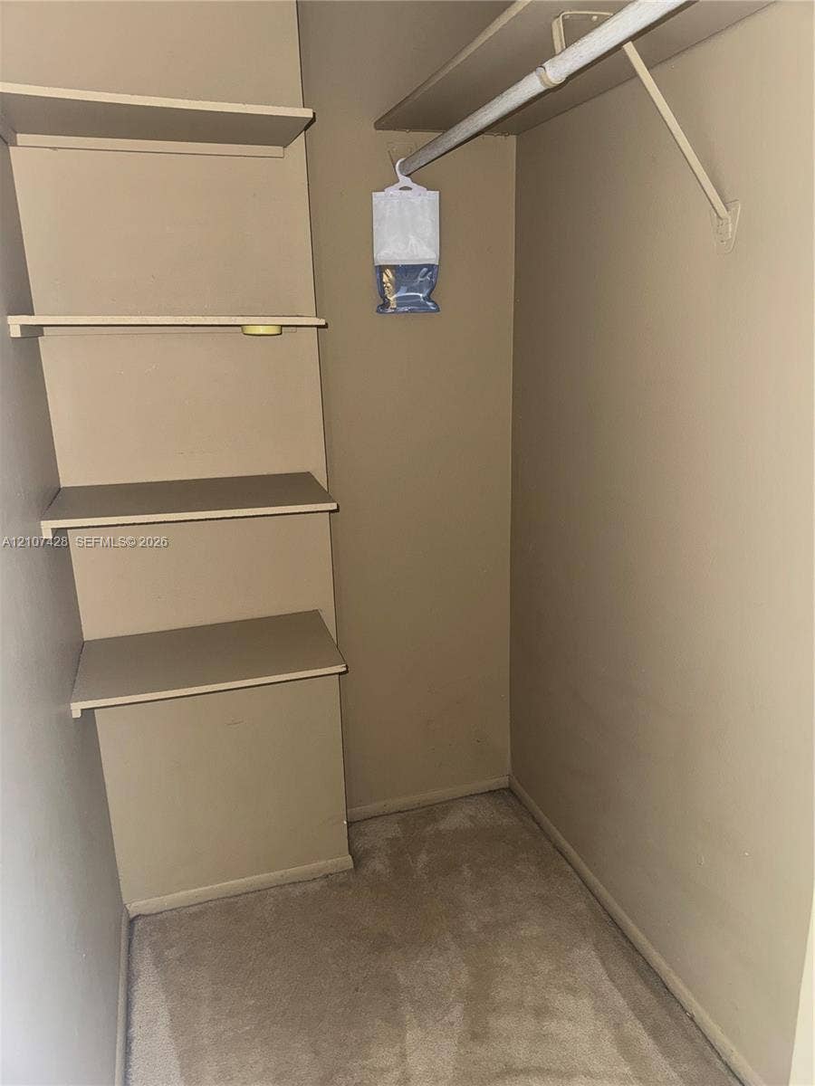 3475 N Country Club Drive, #704, Aventura, Aventura, FL 33180 Storage closet featuring carpeted flooring, built-in shelving, and a metal garment rod with an overhead shelf