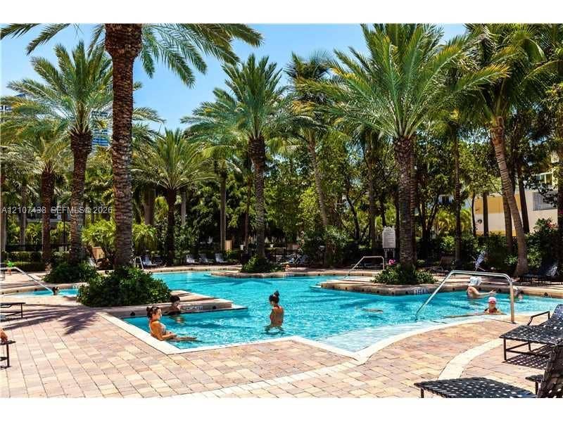 Swimming pool featuring paved stone decking, a shallow entry, and mature palm trees