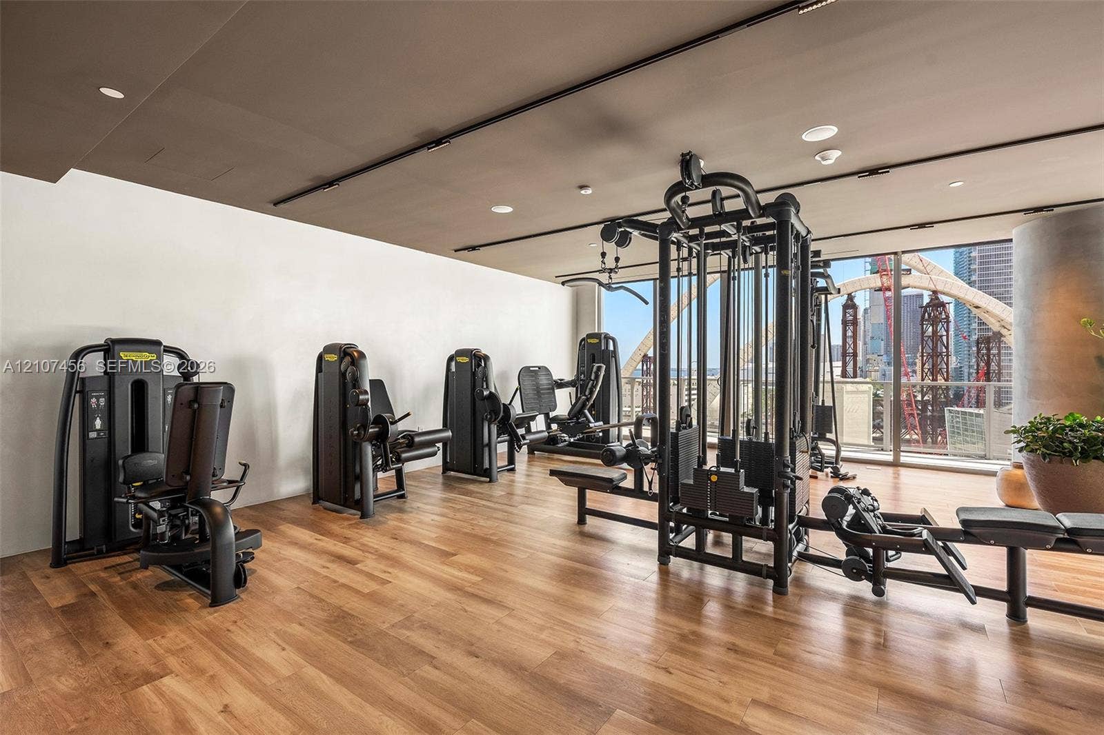1400 Biscayne Boulevard, #2604, Miami, Miami, FL 33132 Fitness center featuring wood-finish flooring, floor-to-ceiling windows, and recessed lighting