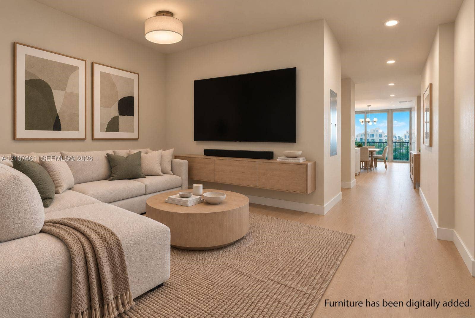 9201 E Bay Harbor Drive, #602, Bal Harbour, FL 33141 Light-toned wood-finish flooring, wall-mounted floating cabinetry, flush-mount drum lighting, and recessed ceiling lights