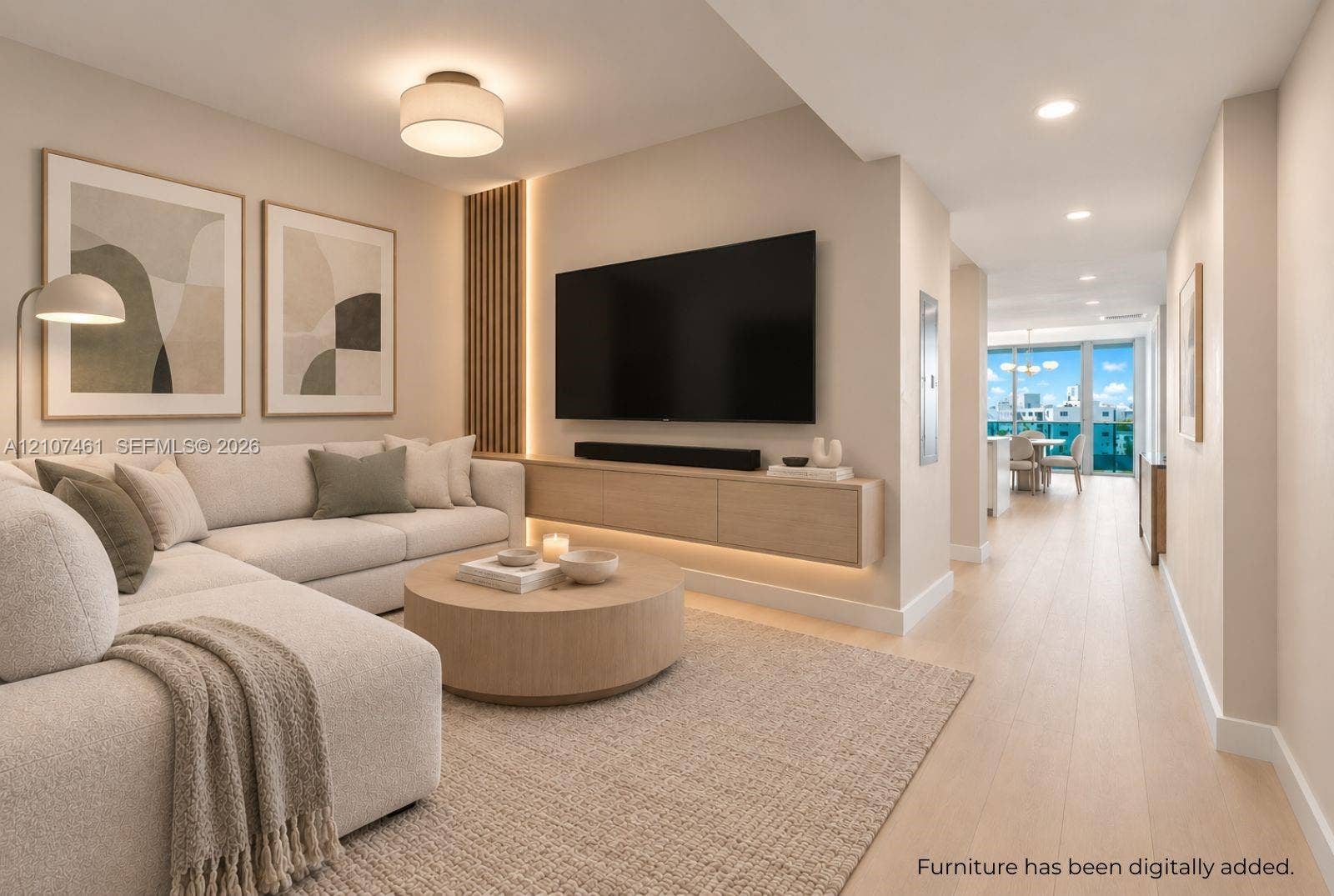 Living space featuring wood-finish flooring, floating wood-veneer cabinetry, integrated LED accent lighting, and vertical wood slat wall detailing