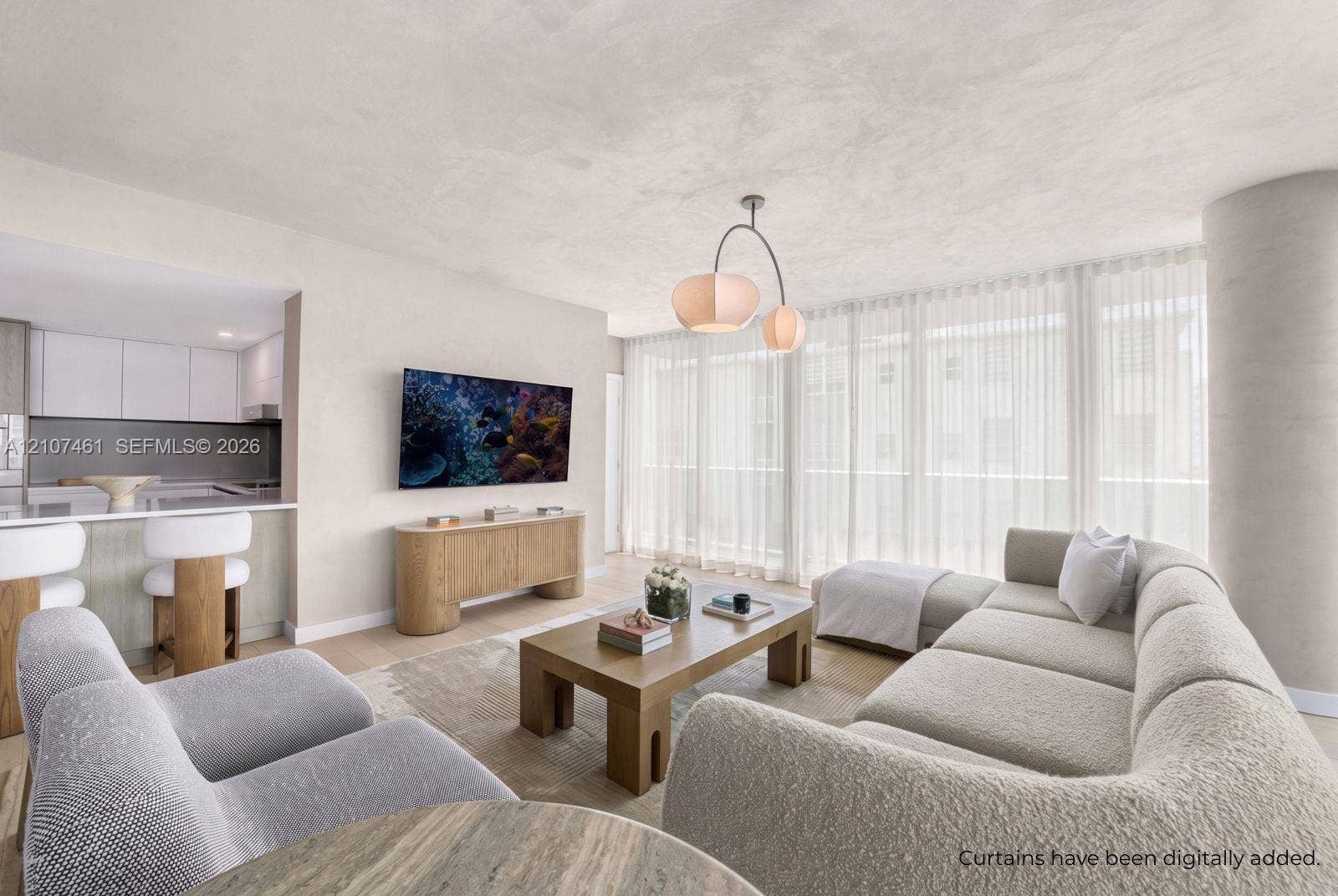 9201 E Bay Harbor Drive, #602, Bal Harbour, FL 33141 Open-concept interior featuring floor-to-ceiling windows, matte-finish walls, contemporary multi-bulb pendant lighting, and wood-finish flooring