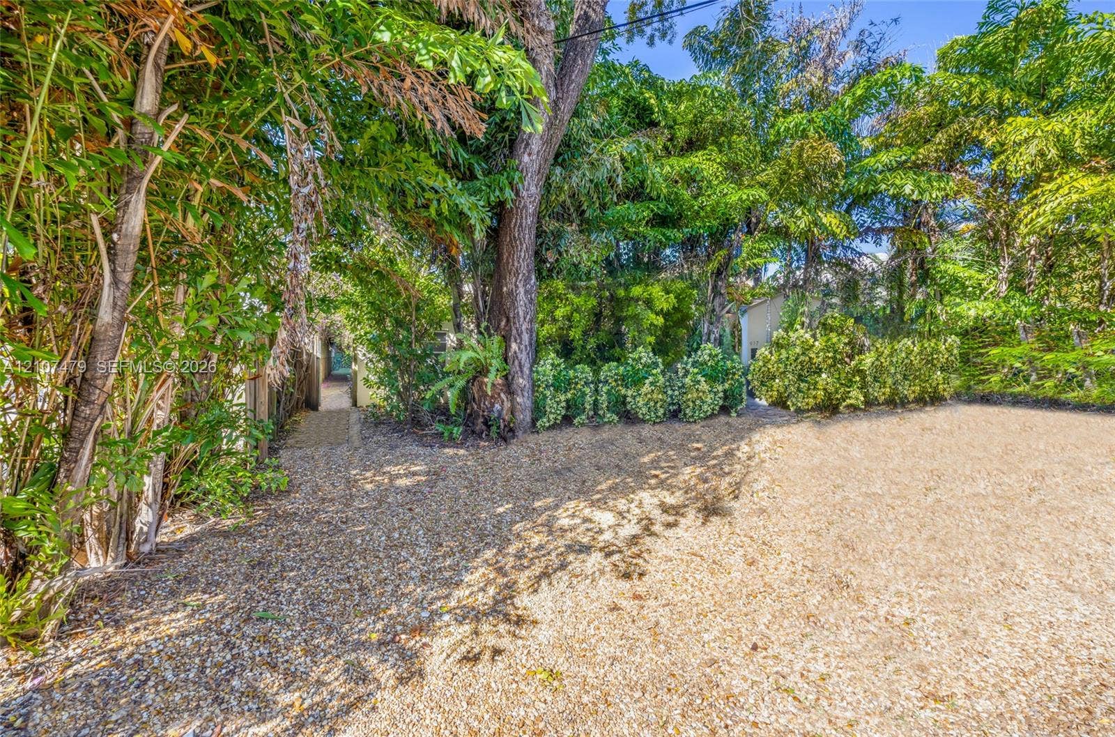 Ground-level exterior area featuring gravel surfacing, mature trees, dense perimeter foliage, and a paved walkway