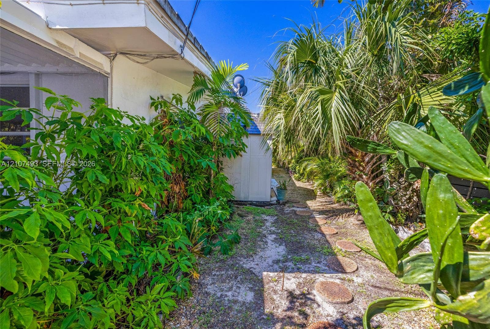 2645 NE 32nd Street, Fort Lauderdale, FL 33306 Exterior side yard featuring a series of circular stone pavers and mature tropical landscaping including palm trees
