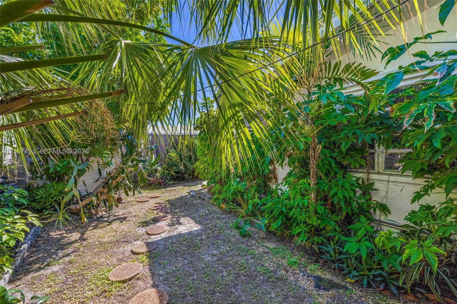 2645 NE 32nd Street, Fort Lauderdale, FL 33306 Exterior side yard featuring mature palm trees, dense tropical greenery, and a stone paver pathway