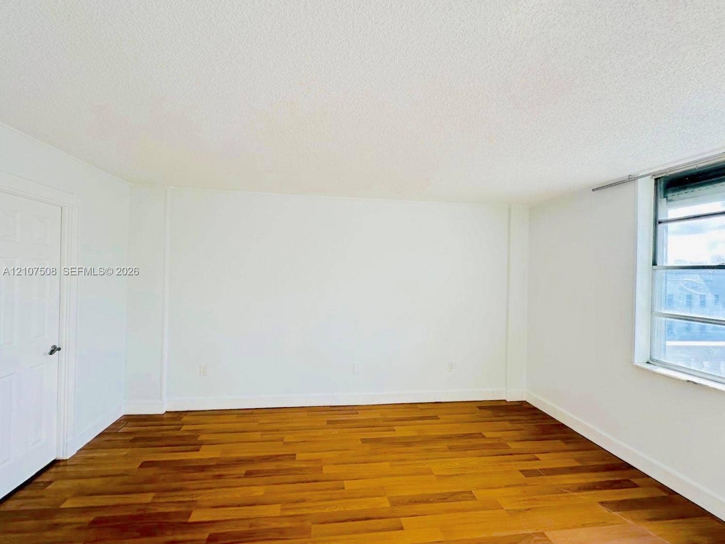 1020 Meridian Avenue, #415, Miami Beach, Miami Beach, FL 33139 Room featuring wood-finish flooring, white walls, a six-panel door, and a single-pane aluminum window