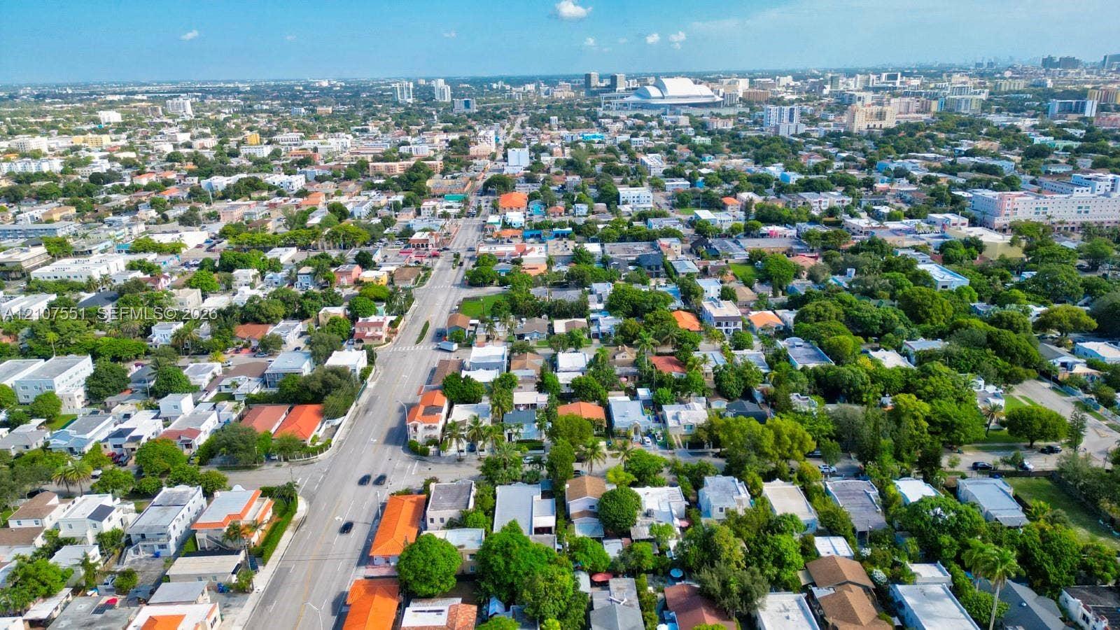 1676 SW 11th Street, Miami, Miami, FL 33135 Aerial perspective featuring a dense urban street grid, established tree canopy, and proximity to major commercial infrastructure