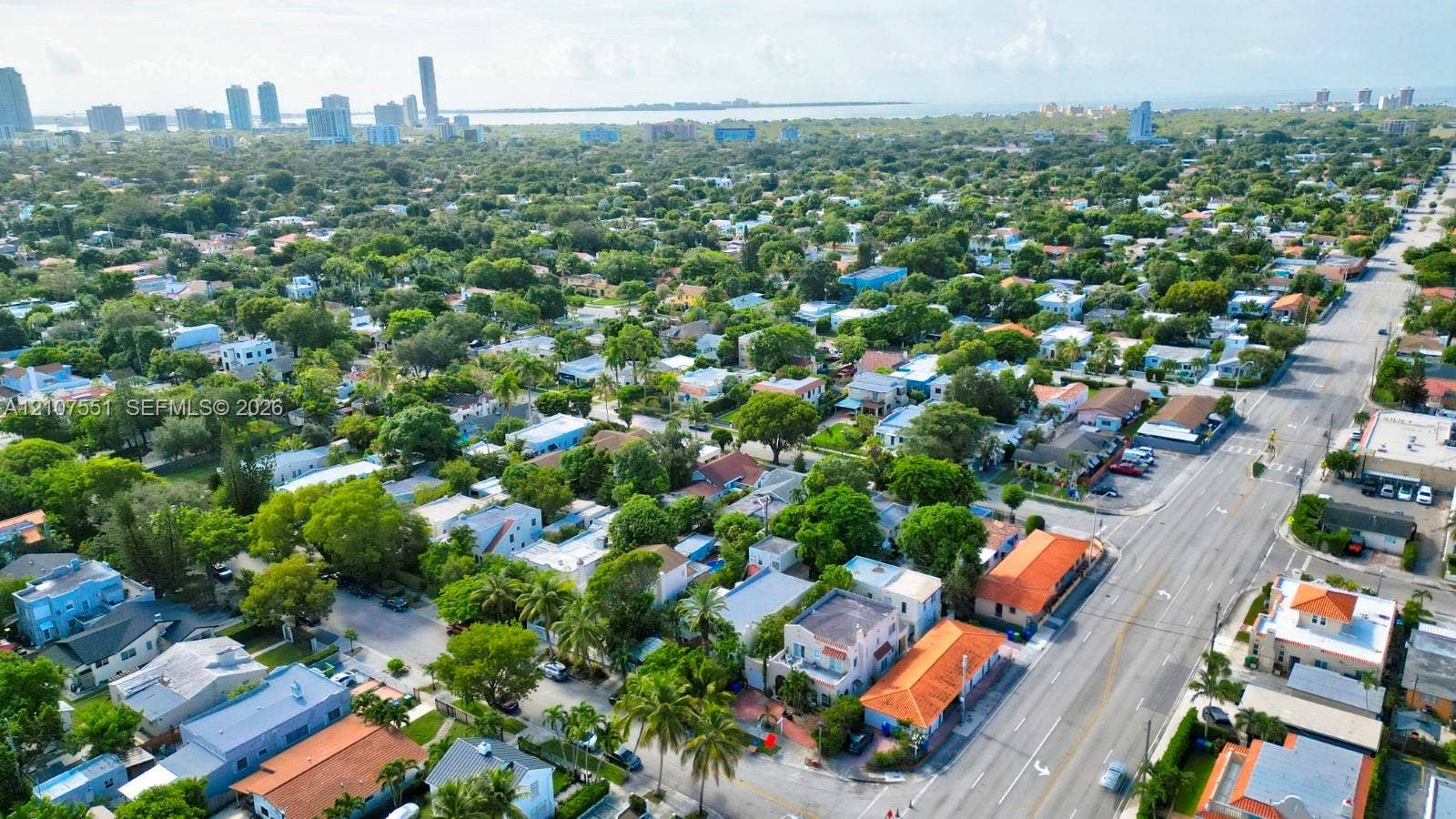 1676 SW 11th Street, Miami, Miami, FL 33135 Aerial perspective featuring dense mature tree canopy, varied architectural styles, and proximity to urban skyline and coastal horizon