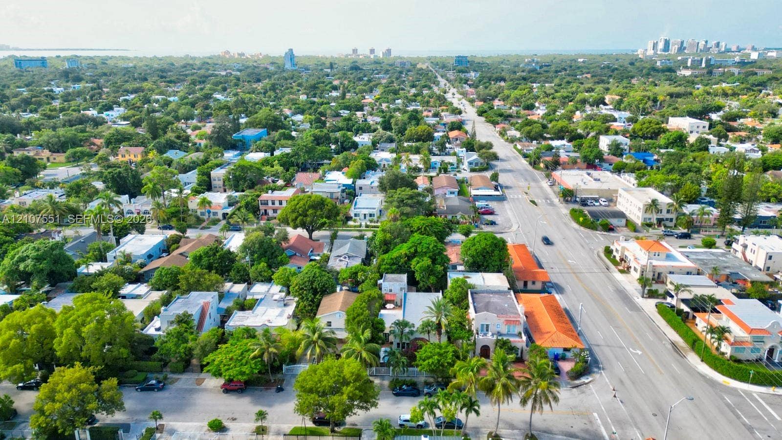 1676 SW 11th Street, Miami, Miami, FL 33135 Aerial perspective of the neighborhood featuring established mature trees, diverse residential architecture, and proximity to urban infrastructure