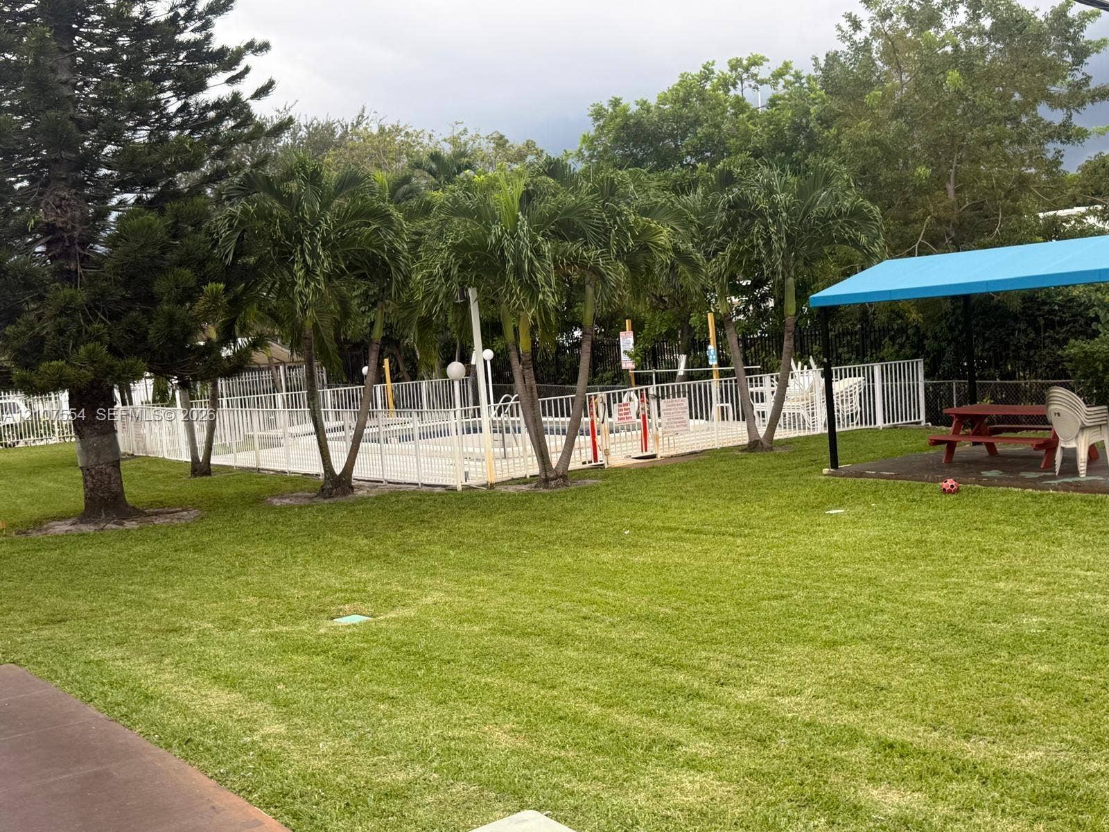 Outdoor swimming pool enclosure with perimeter fencing, blue fabric cabana, and manicured green space accented by mature palm trees