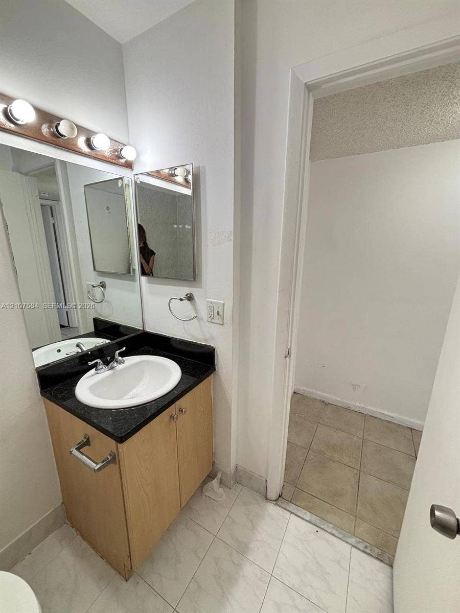 Bathroom vanity featuring a light wood-finish cabinet, dark stone-style countertop, integrated oval sink, and a wall-mounted multi-bulb light fixture