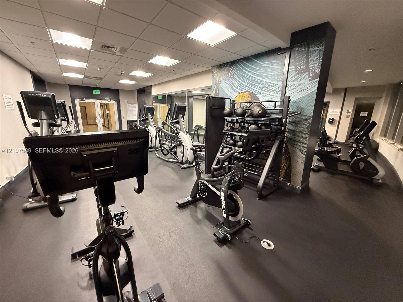 1750 N Bayshore Drive, #1218, Miami, Miami, FL 33132 Fitness center featuring a drop ceiling, rubberized flooring, floor-to-ceiling mirror panels, and a decorative mural wall
