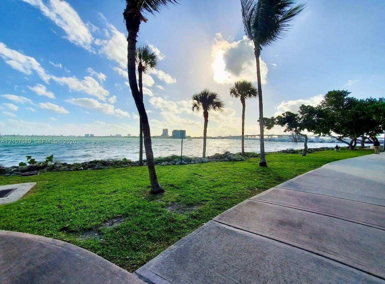 1750 N Bayshore Drive, #1218, Miami, Miami, FL 33132 Waterfront grounds featuring mature palm trees, a concrete pedestrian path, and expansive lawn space