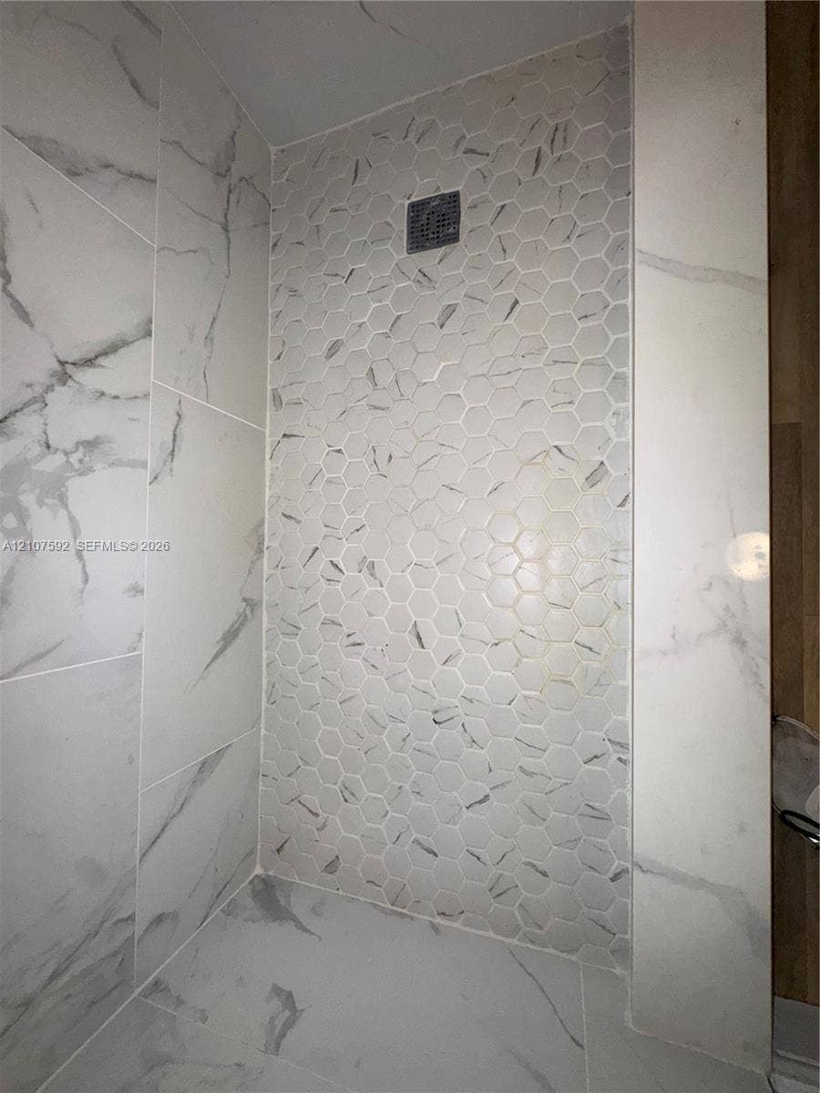 Shower enclosure featuring large-format rectified wall tile, decorative hexagon-patterned accent tile, and integrated drain