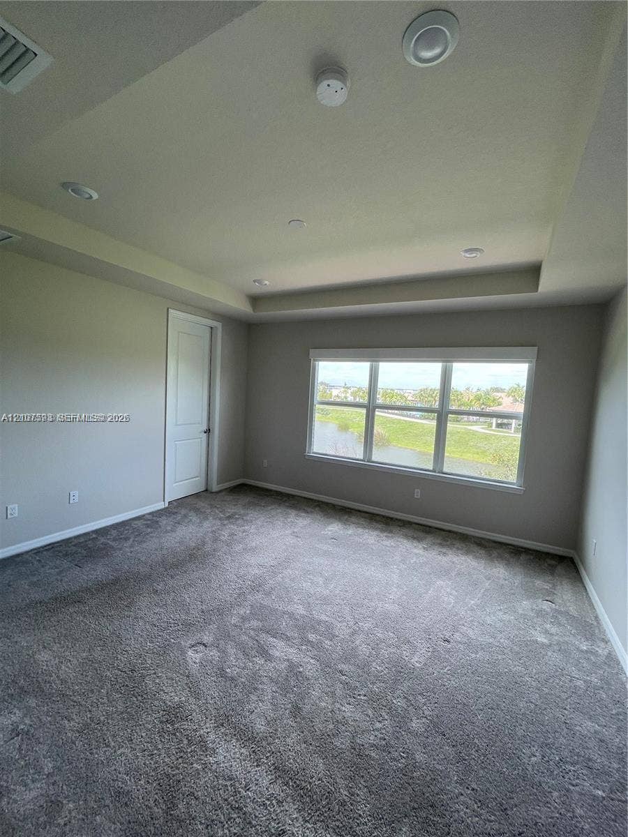 Tray ceiling, neutral carpeting, large windows, and solid-core door