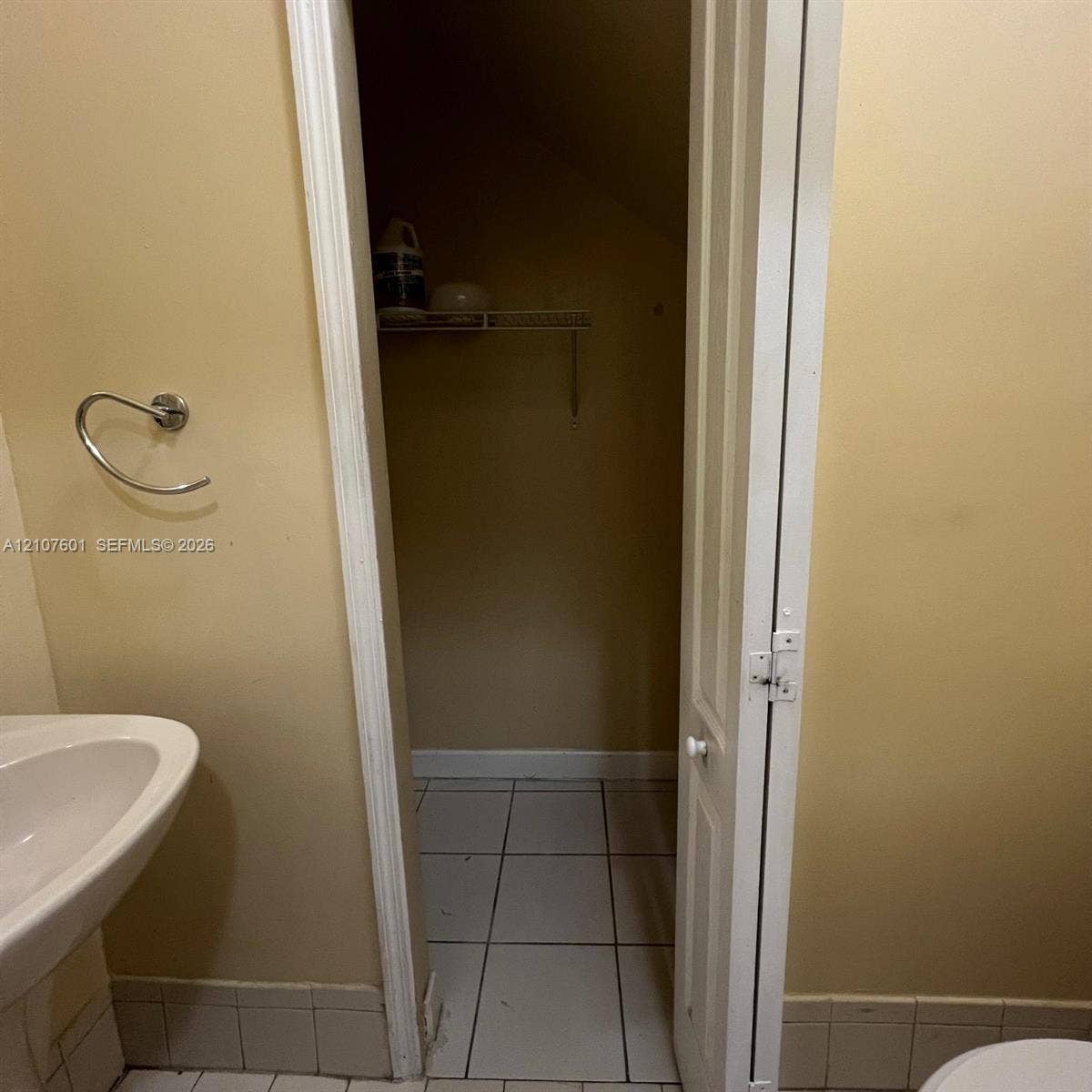 7080 NW 177th Street, #203-13, Hialeah, FL 33015 Wall-mounted chrome towel ring, pedestal sink with ceramic basin, and tiled flooring