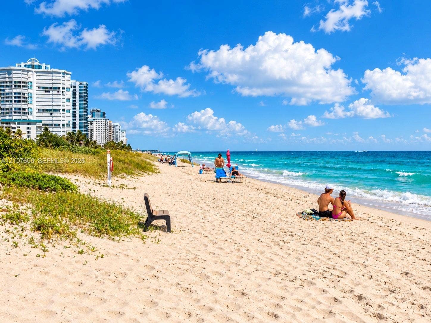 2000 S Ocean Boulevard, #12F, Lauderdale-By-The-Sea, Lauderdale By The Sea, FL 33062 Sandy beach shoreline with native coastal vegetation and a permanent outdoor bench