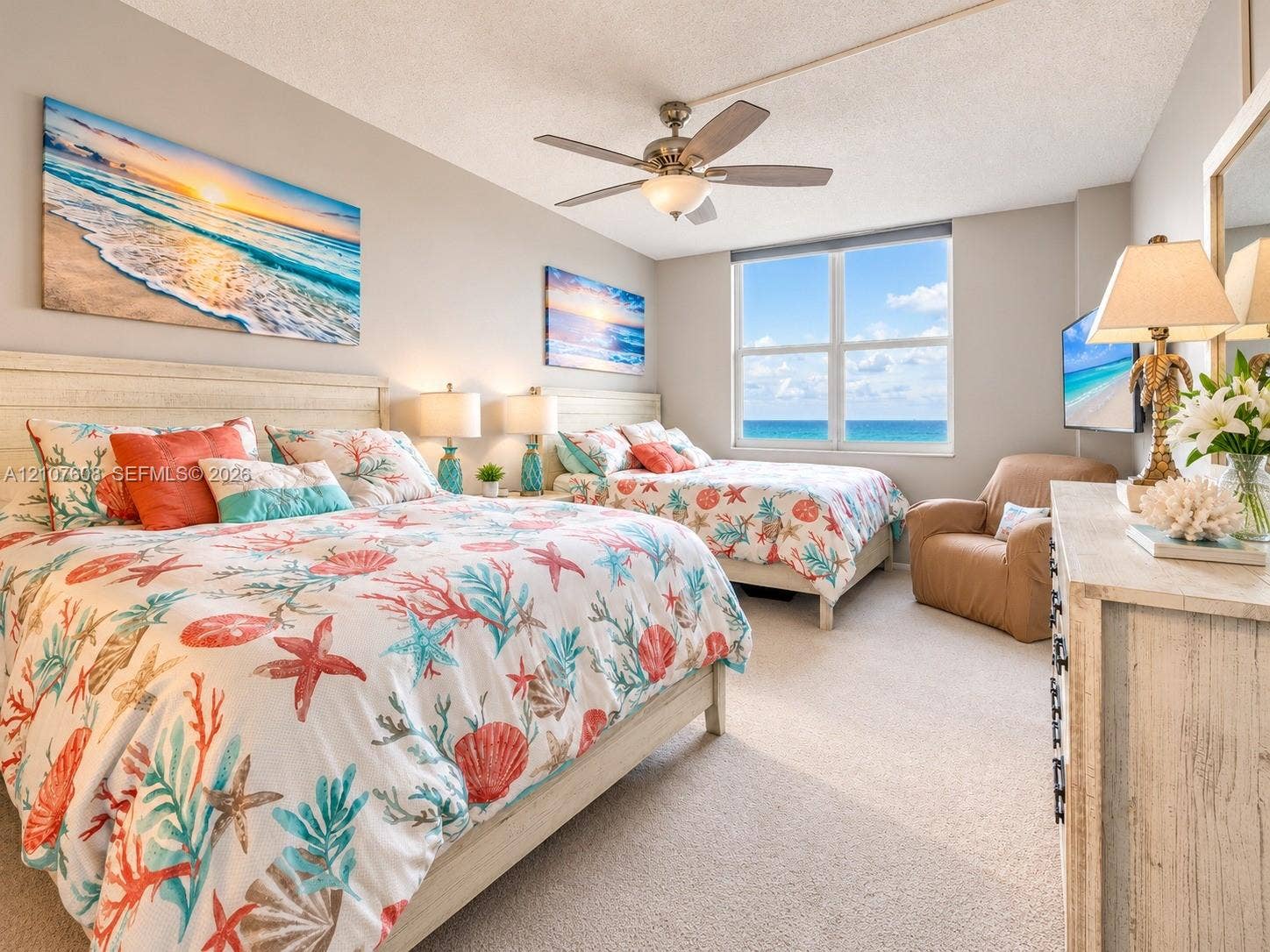 2000 S Ocean Boulevard, #12F, Lauderdale-By-The-Sea, Lauderdale By The Sea, FL 33062 Neutral wall paint, ceiling fan with light fixture, large window, and carpeted flooring