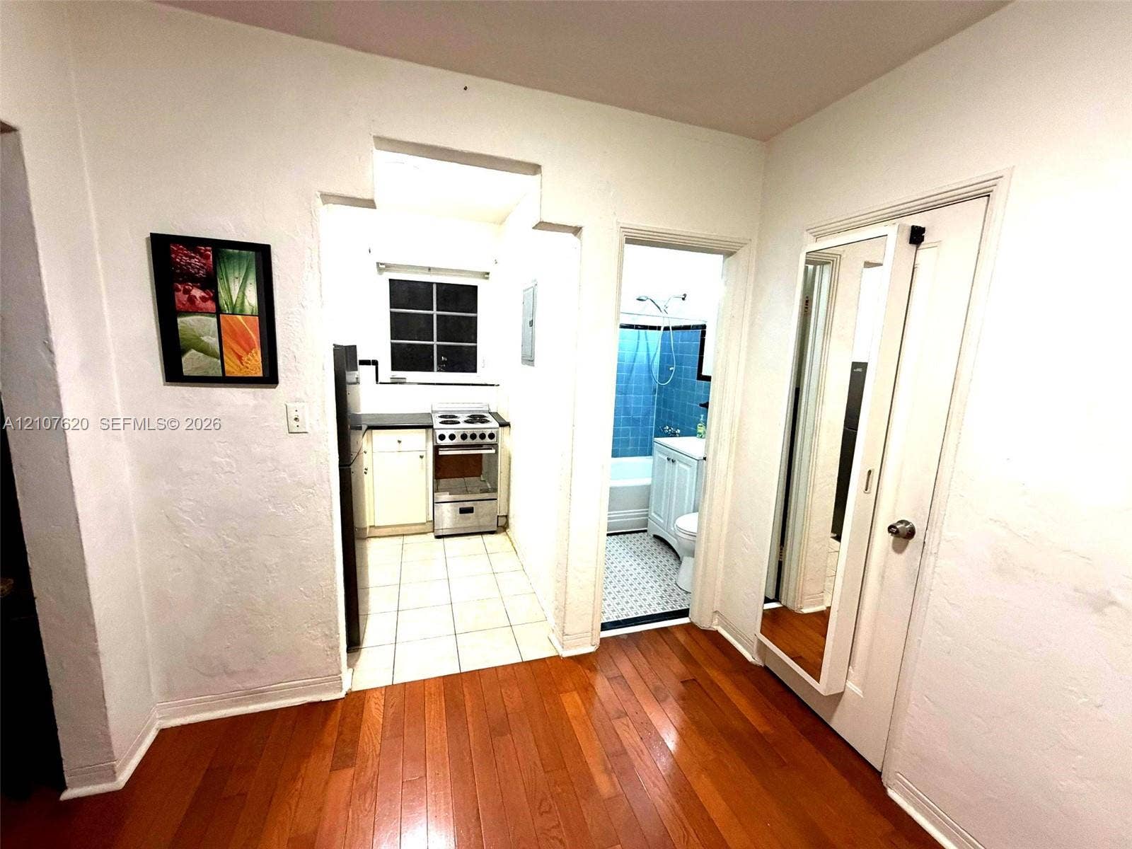 260 Euclid Avenue, #29, Miami Beach, Miami Beach, FL 33139 Wood-finish flooring, kitchen featuring a stainless steel range and ceramic tile flooring, bathroom with patterned tile flooring and blue wall tiling, and a door featuring an integrated full-length mirror