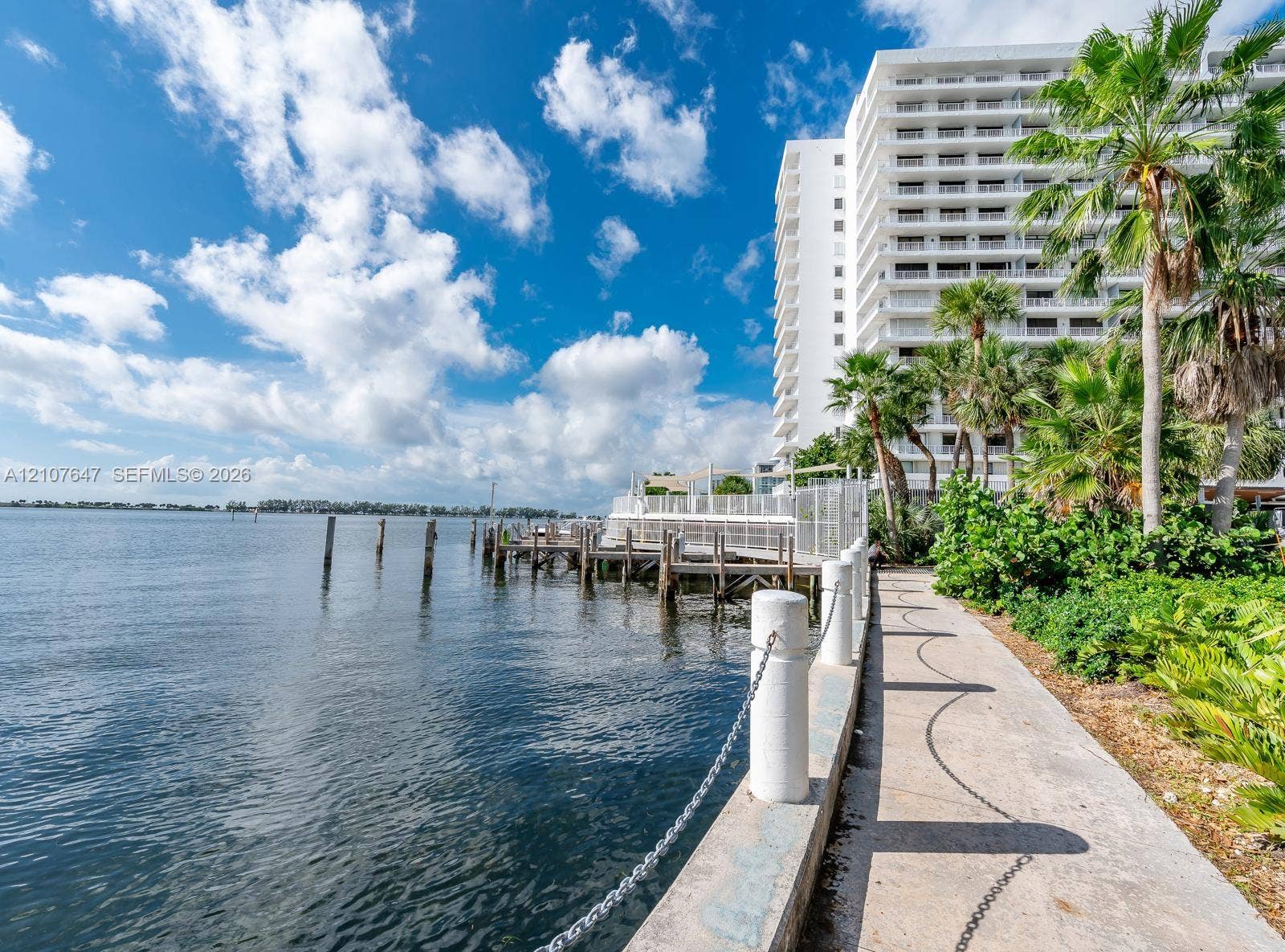 200 SE 15th Road, #PH-A, Miami, Miami, FL 33129 Waterfront concrete walkway with chain-link fencing, structural boat dock, and mature palms bordering the shoreline