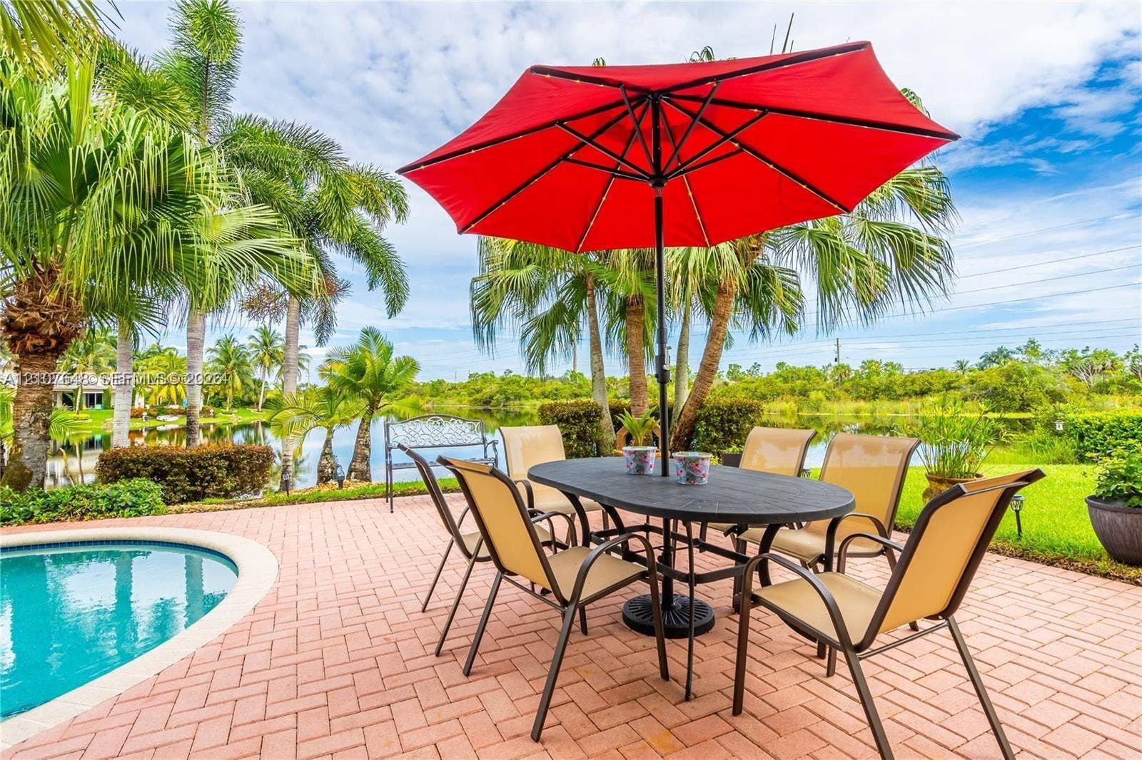 Paver patio featuring an in-ground swimming pool and lakefront setting with mature palm trees
