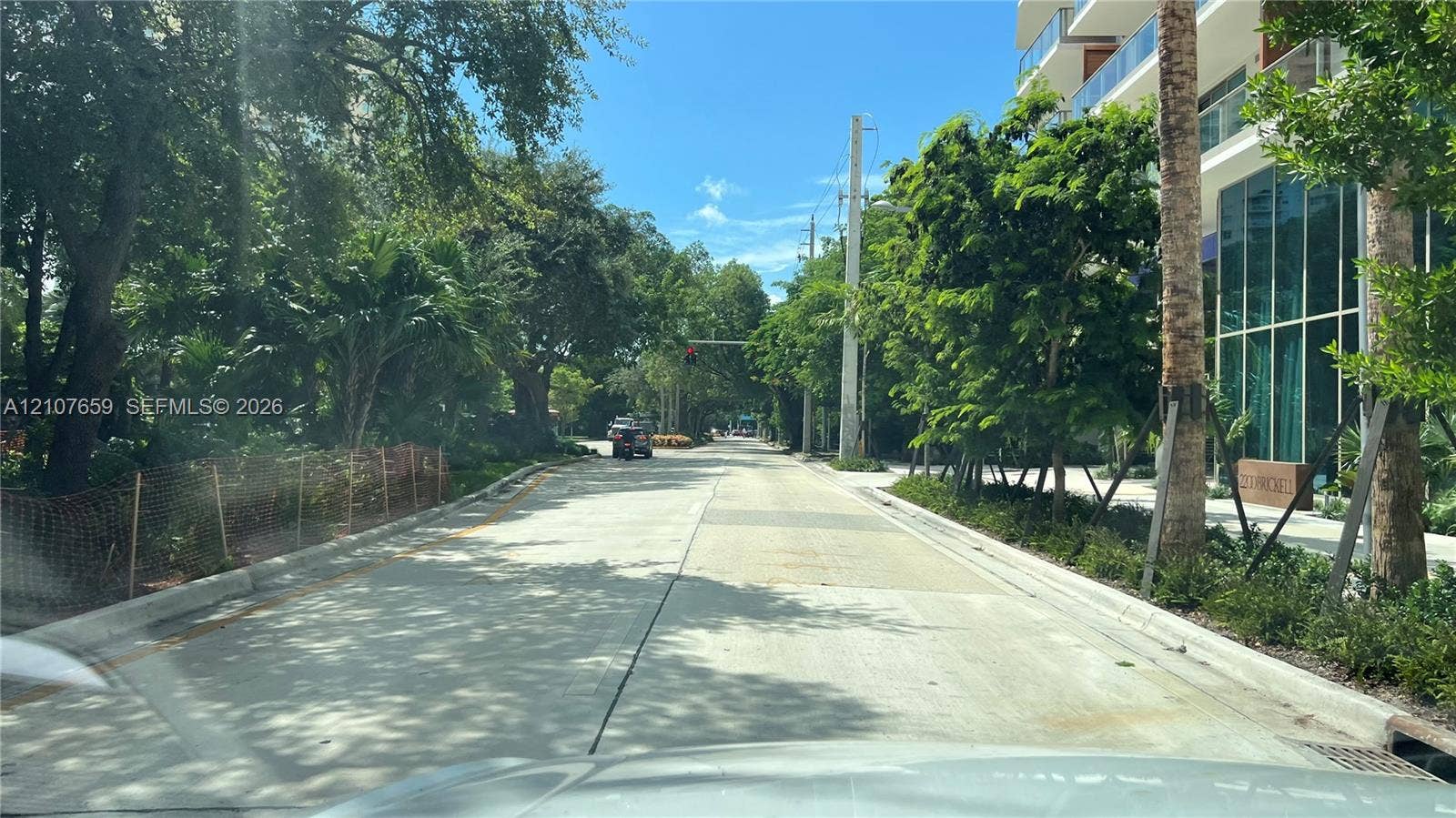 Tree-lined thoroughfare featuring concrete paving, mature landscaping, and modern glass-facade structures