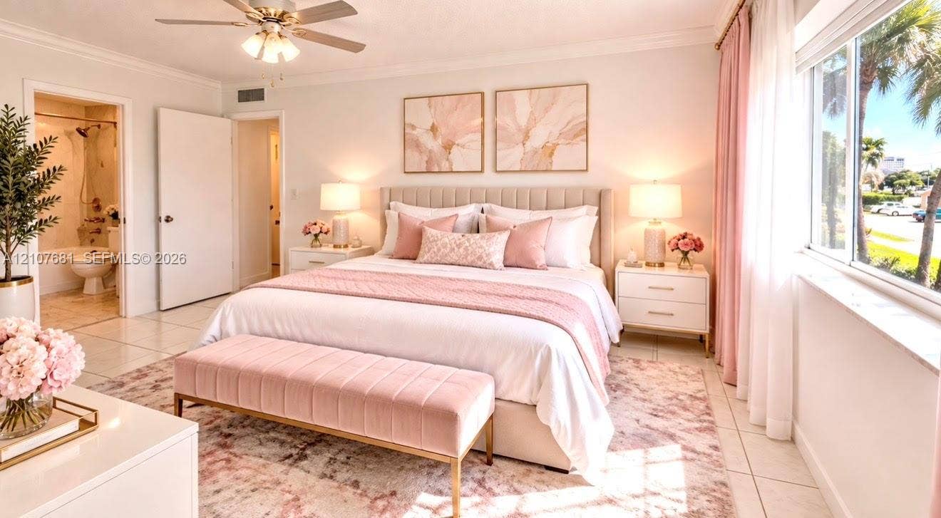 701 NE 1st Court, #202, Hallandale Beach, Hallandale Beach, FL 33009 Neutral-toned tile flooring, ceiling fan with integrated light fixture, and floor-to-ceiling windows