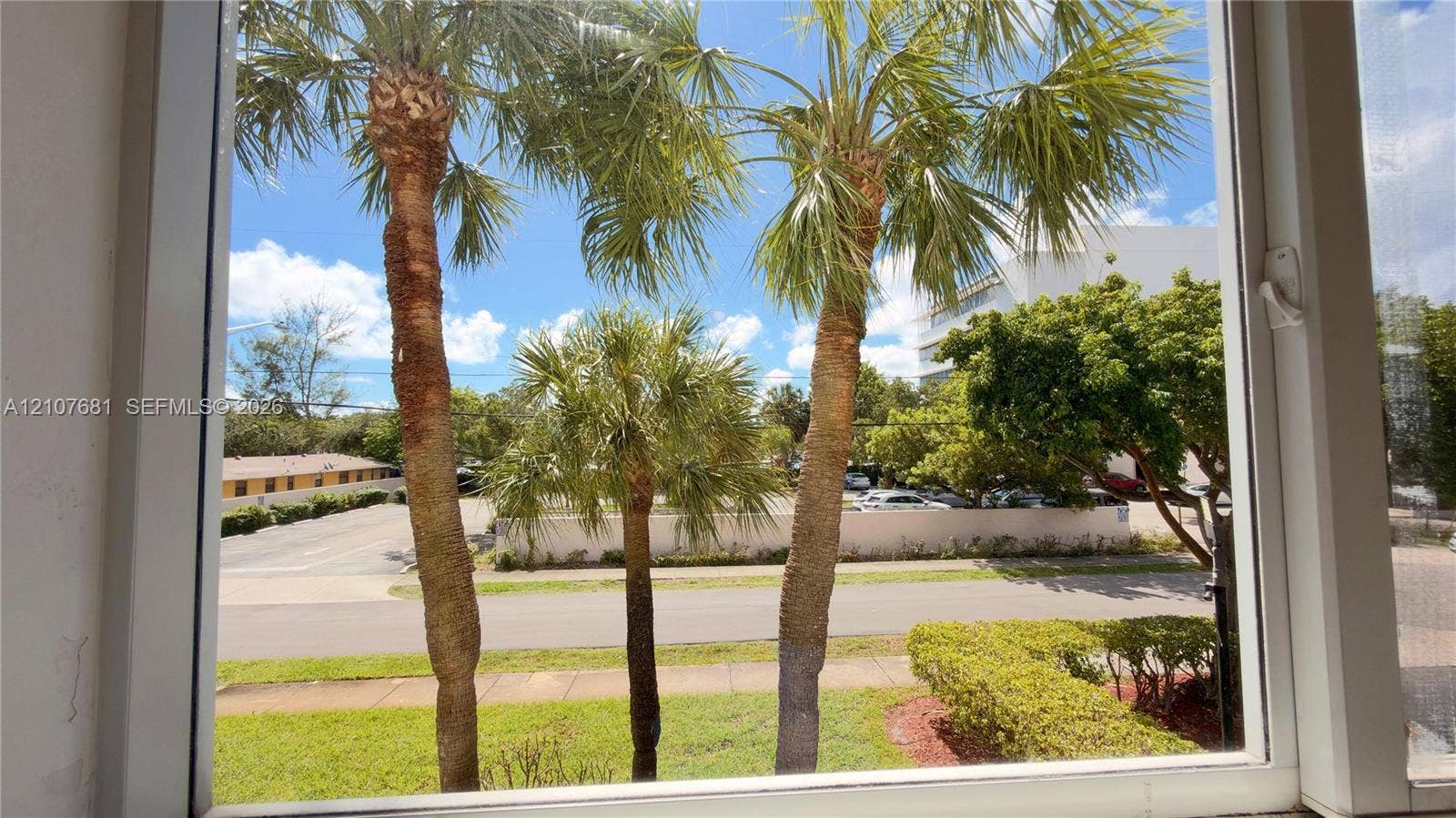 701 NE 1st Court, #202, Hallandale Beach, Hallandale Beach, FL 33009 Double-pane window featuring a white frame and metal hardware with a sightline of palm trees, manicured landscaping, and a sidewalk