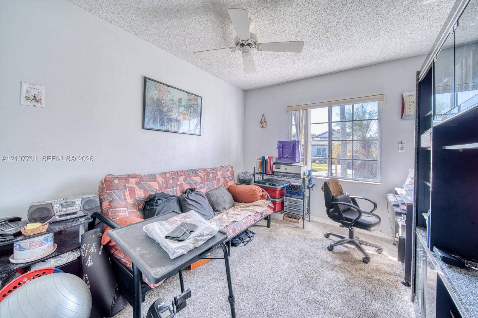 Room featuring a ceiling fan, wall-to-wall carpeting, and a multi-pane window