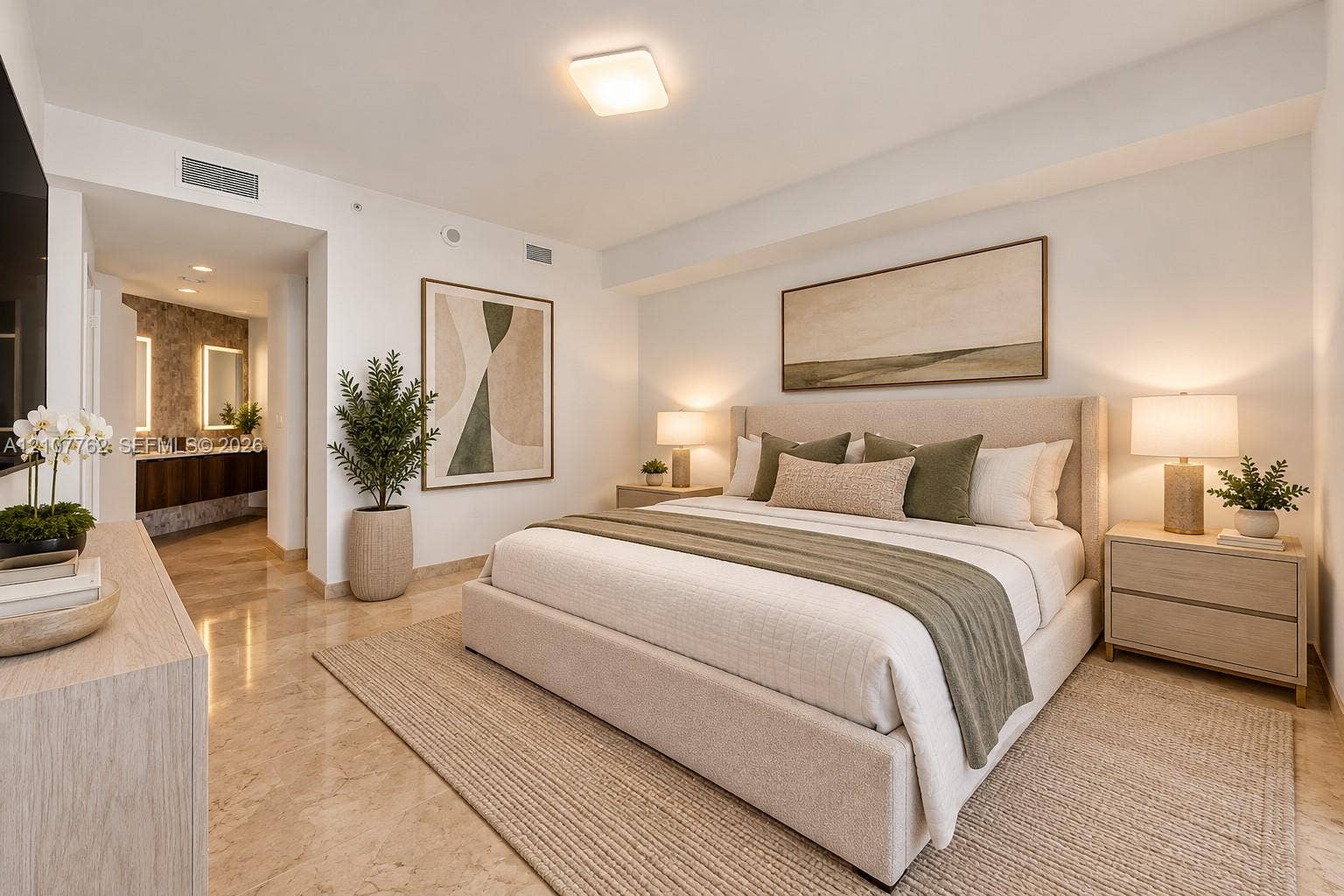 Polished stone flooring, recessed lighting, and flush-mount ceiling fixture