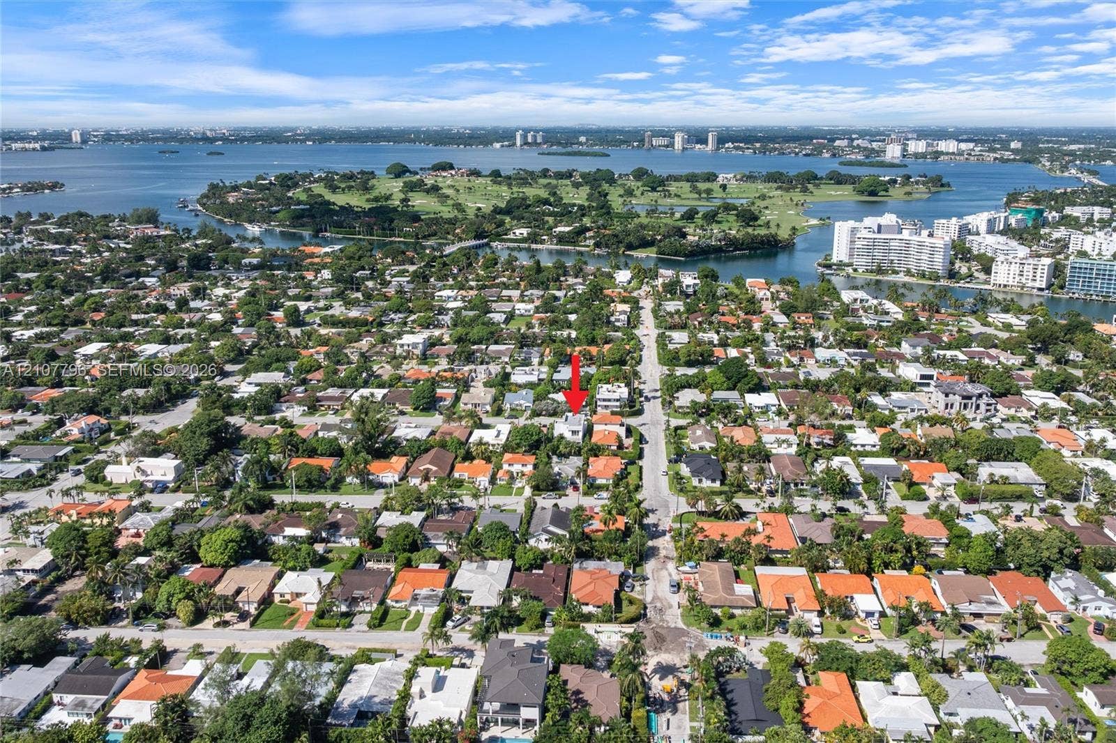 Aerial perspective of residential neighborhood featuring mature canopy trees and proximity to waterfront and island landscapes
