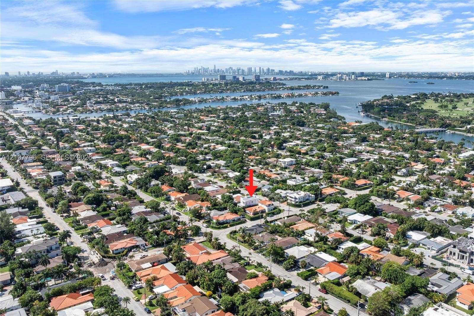 Aerial perspective of a residential property situated in a coastal neighborhood, featuring mature tree canopy, proximity to waterways, and a distant urban skyline backdrop