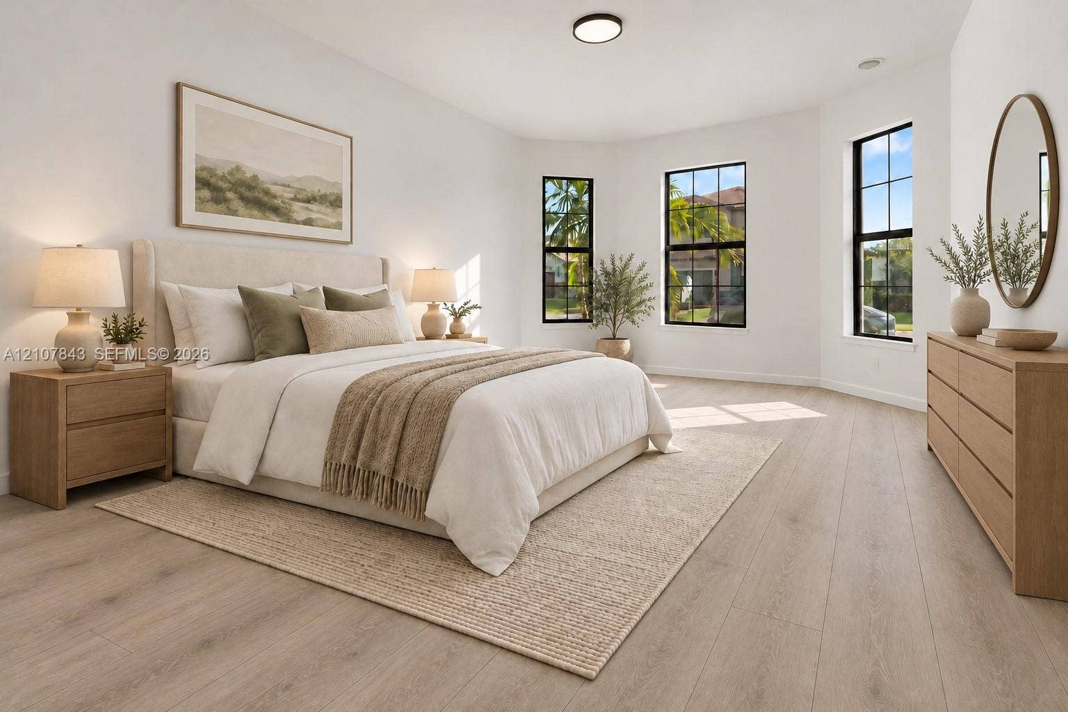 4949 Blistering Way, Lake Worth, FL 33467 Bedroom featuring wood-finish flooring, three windows with black frames, and a flush-mount ceiling light
