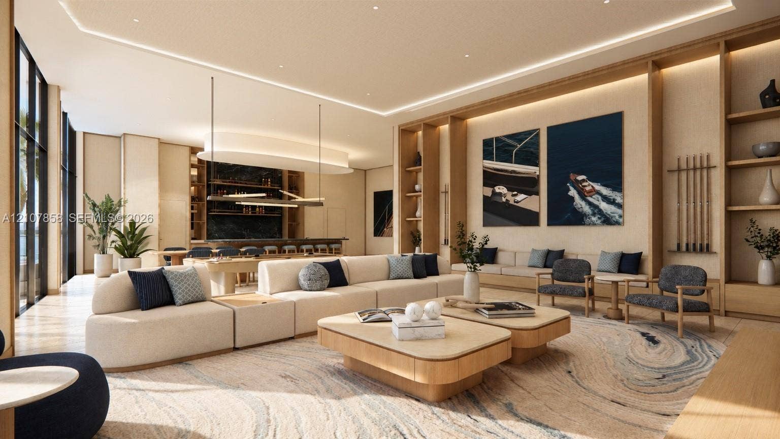 555 S River Drive, #506, Miami, FL 33136 Open-concept room featuring integrated wood shelving, recessed cove lighting, floor-to-ceiling windows, and a built-in wet bar with dark stone surfacing