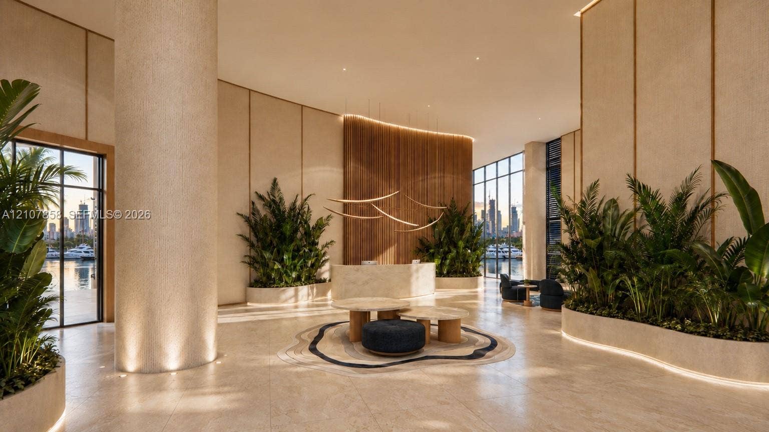 555 S River Drive, #506, Miami, FL 33136 Grand lobby featuring stone flooring, floor-to-ceiling windows, integrated planter beds, vertical wood-slat wall paneling, and a stone-clad reception desk