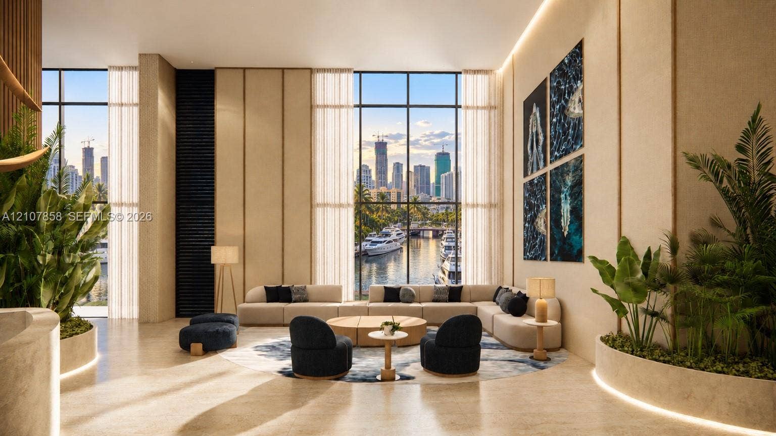 555 S River Drive, #506, Miami, FL 33136 Double-height floor-to-ceiling windows, natural stone flooring, integrated perimeter accent lighting, and custom built-in stone planters