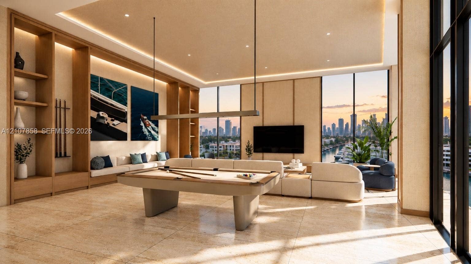 555 S River Drive, #506, Miami, FL 33136 Custom floor-to-ceiling wood shelving, tile flooring, recessed cove lighting, and expansive floor-to-ceiling windows