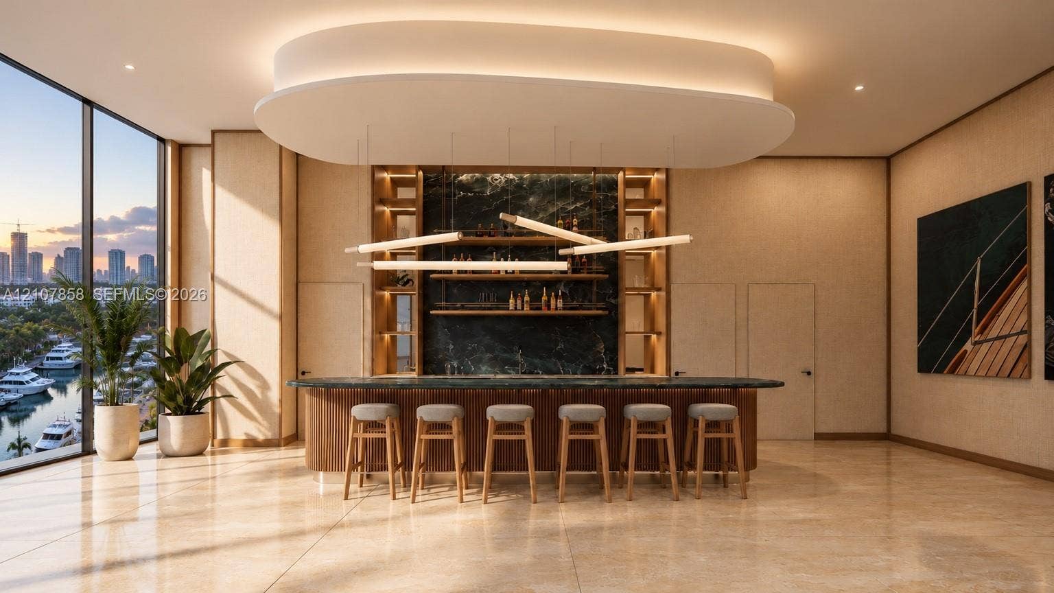 555 S River Drive, #506, Miami, FL 33136 Custom bar featuring a stone countertop, tiered shelving with integrated lighting, a dark stone backsplash, and a curvilinear drop ceiling with suspended linear pendant fixtures