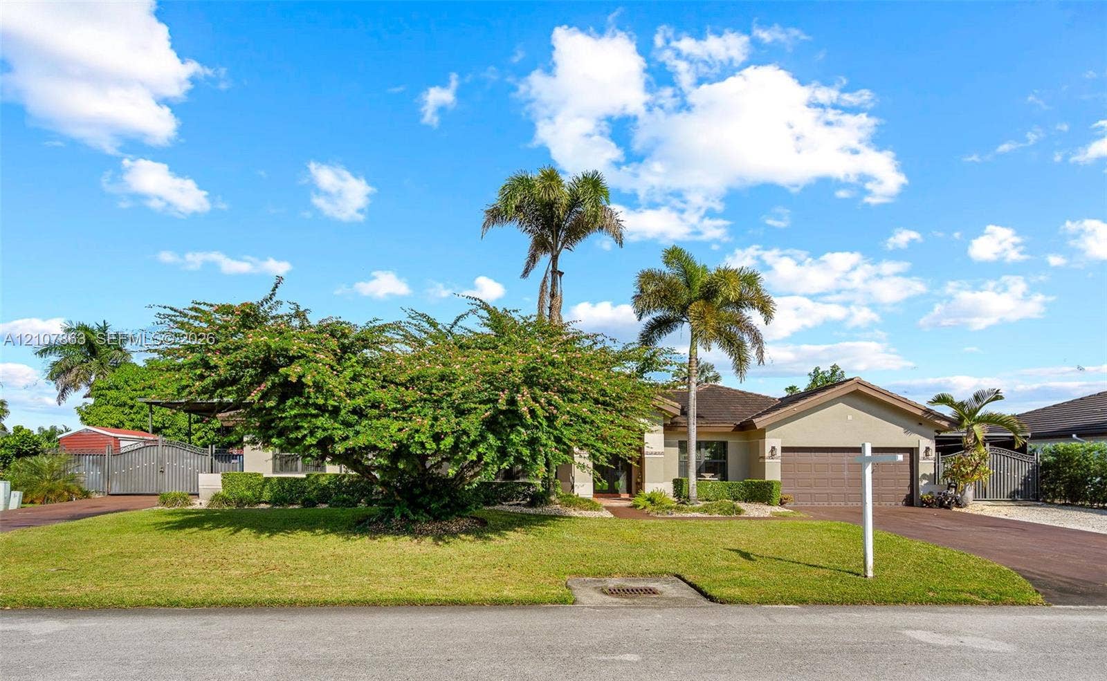 Single-story residence featuring a stucco exterior, multi-panel garage door, manicured lawn, and mature palm landscaping