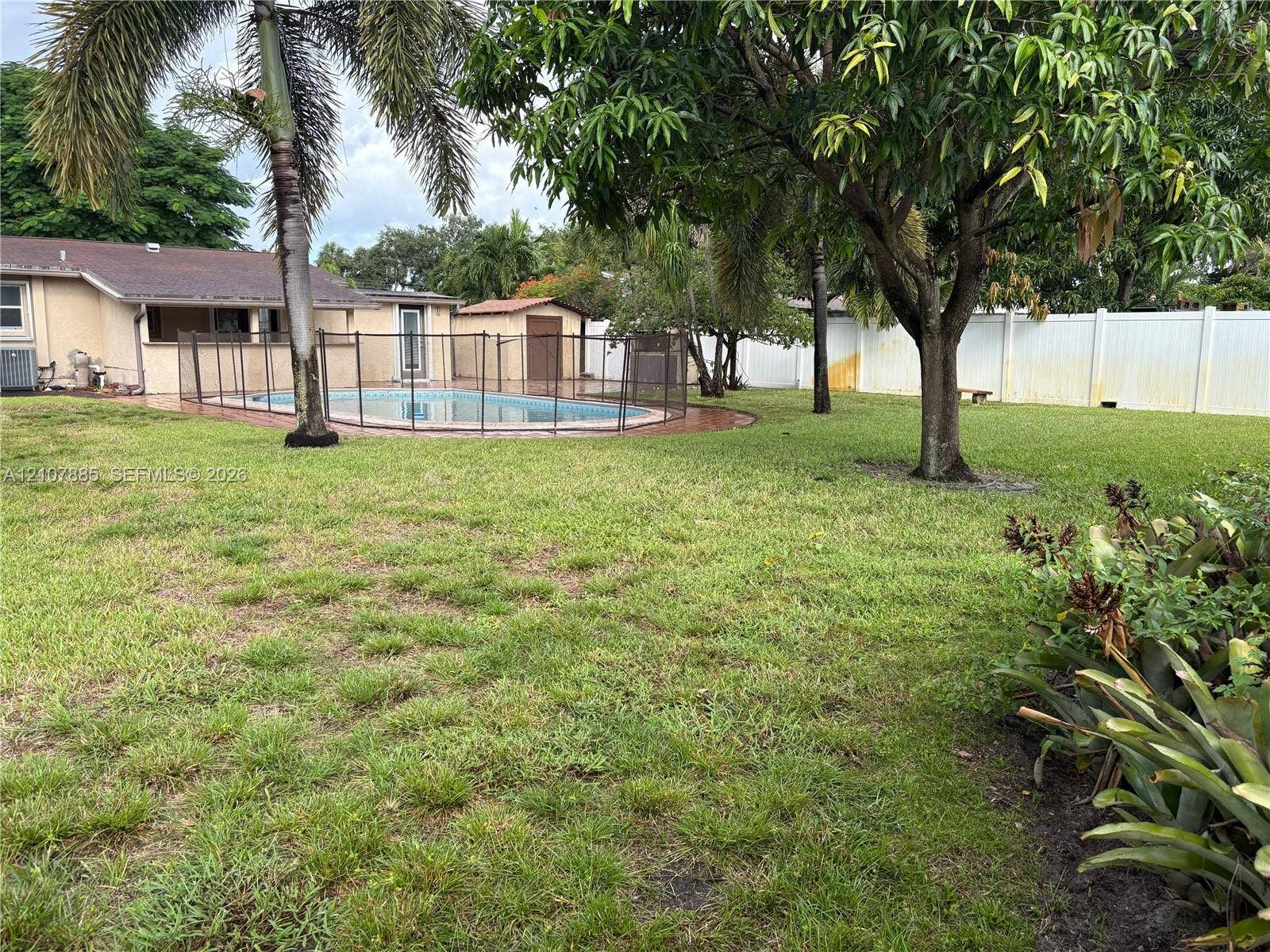 4840 NW 10th Terrace, Fort Lauderdale, Fort Lauderdale, FL 33309 Expansive backyard featuring a swimming pool with perimeter fencing, a detached storage structure, mature trees, and privacy fencing