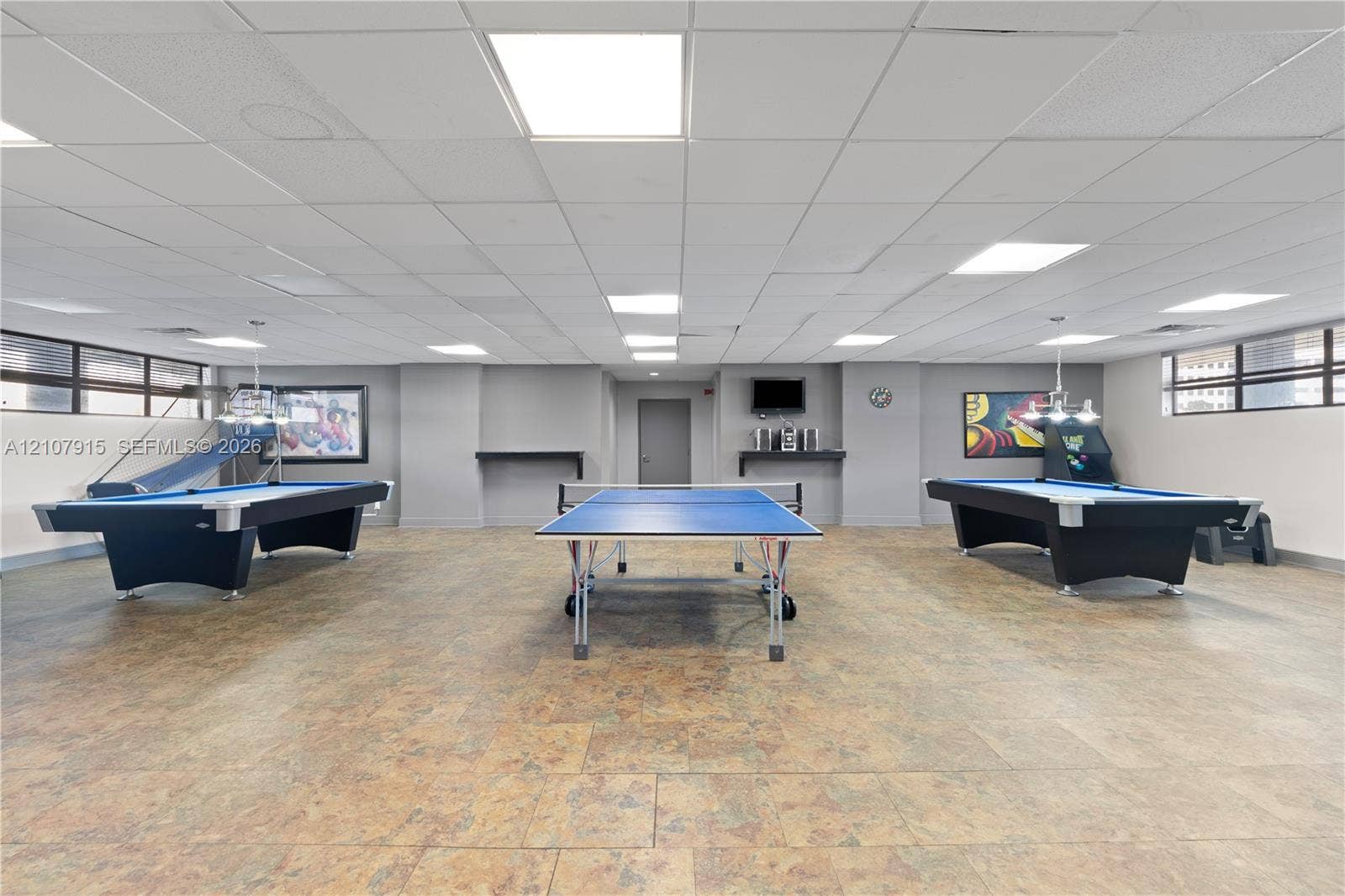 400 Leslie Drive, #622, Hallandale Beach, Hallandale Beach, FL 33009 Spacious recreation area featuring a drop ceiling with recessed lighting, tile flooring, and perimeter windows