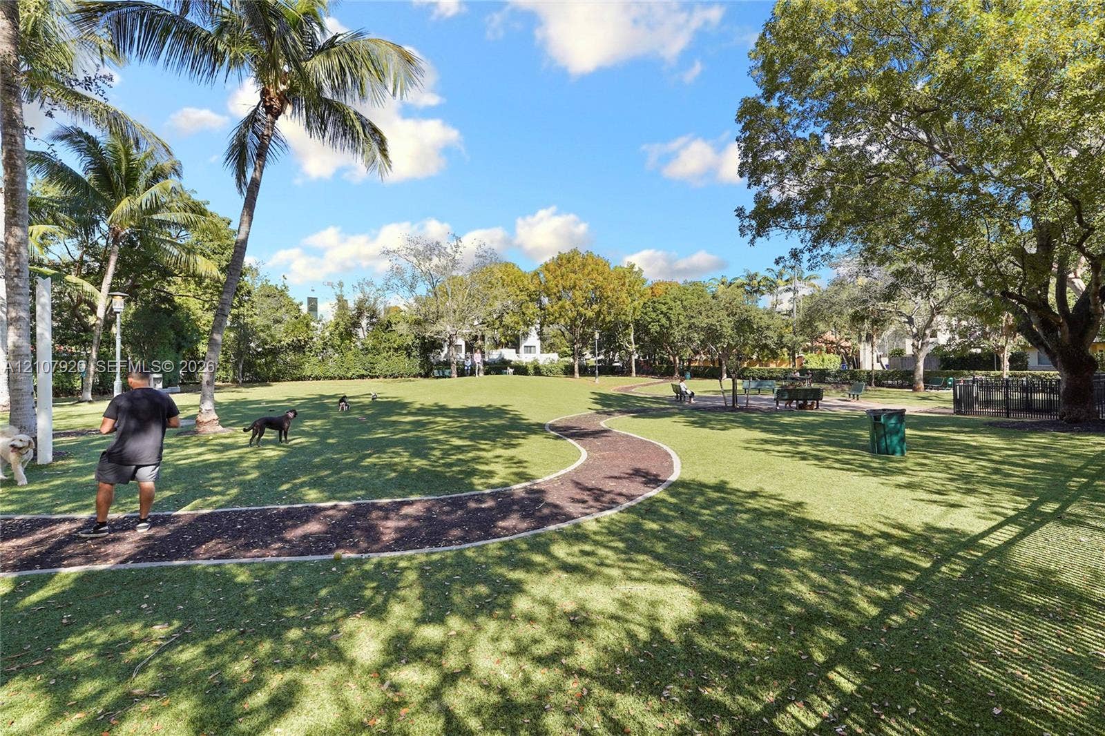3062 Shipping Avenue, #3062, Miami, Miami, FL 33133 Expansive outdoor recreation space featuring a manicured lawn, curved walking path, mature shade trees, and perimeter landscaping