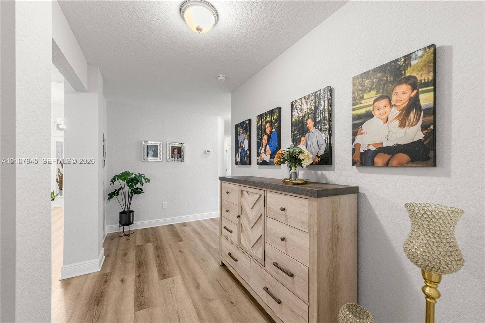 Interior hallway featuring wood-finish flooring, crisp neutral wall paint, and a ceiling-mounted light fixture
